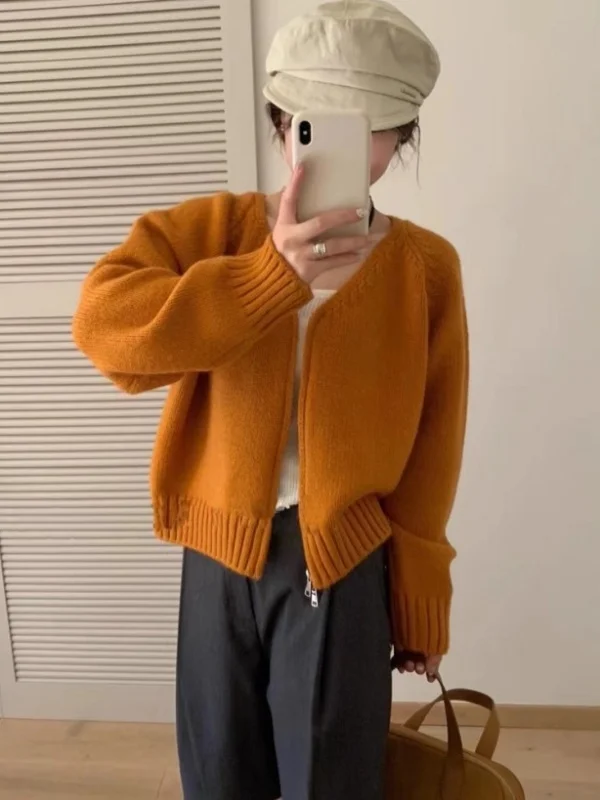 

Orange V-Ne Knitted Open Cardigan Women's Loose ort Sle Korean Version Sweater Coat Autumn Winter Casual Faion