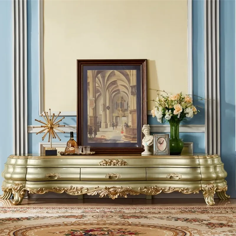 For European Luxury Living Room Royal Classic Carved Wooden TV Stand Cabinet With Drawer Storage Furniture Set Home Decor