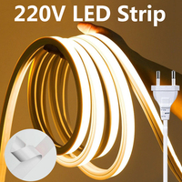220V LED Strips High Brightness COB LED Strip Adhesive Wroaterpof Flexible Ribbon for Room Kitchen Outdoor Garden Lighting