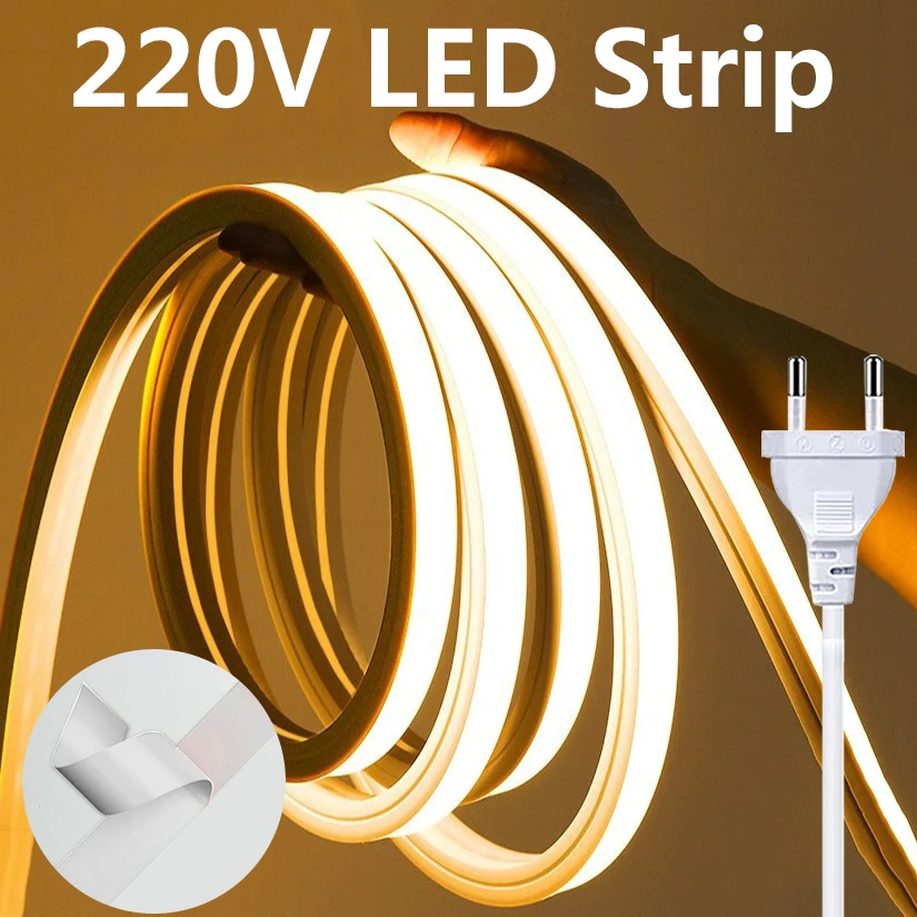 220V LED Strips High Brightness COB LED Strip Adhesive Wroaterpof Flexible Ribbon for Room Kitchen Outdoor Garden Lighting