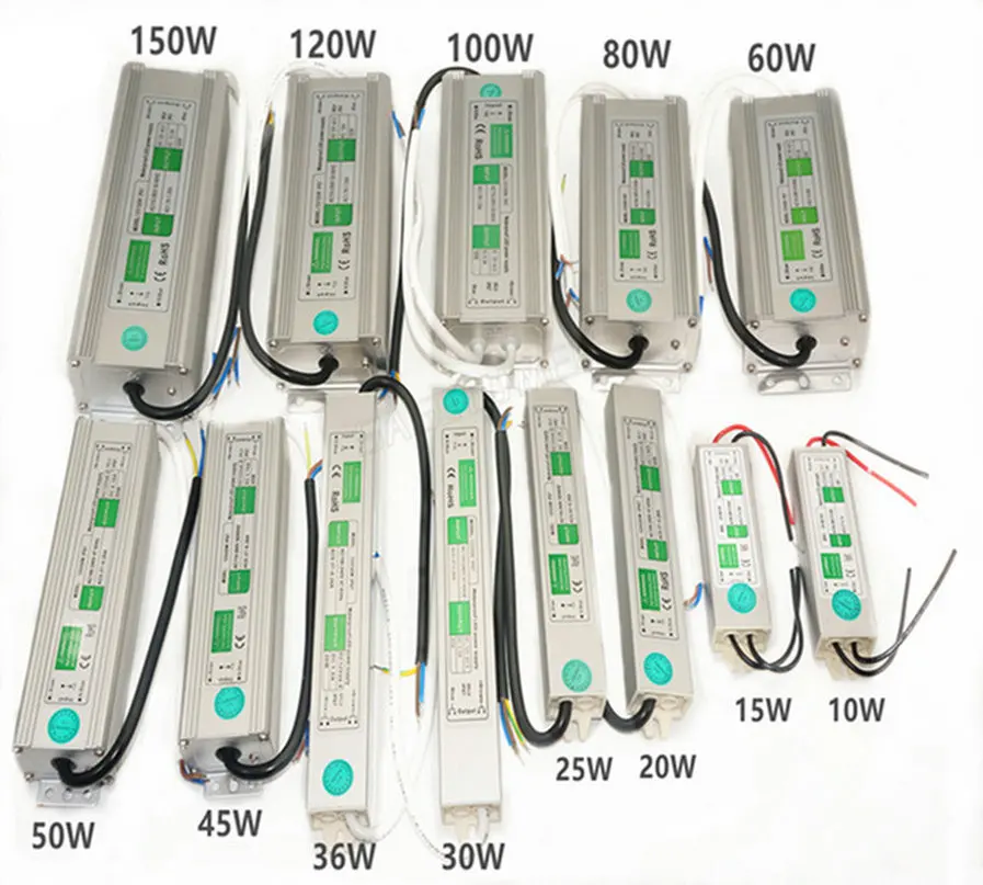 Waterproof IP67 LED Driver Ac dc 12V/24V 10W 15W 20W 25W 30W 36W 45W 50W 60W 80W 100W 120W 150W Power Supply for LED strip Light