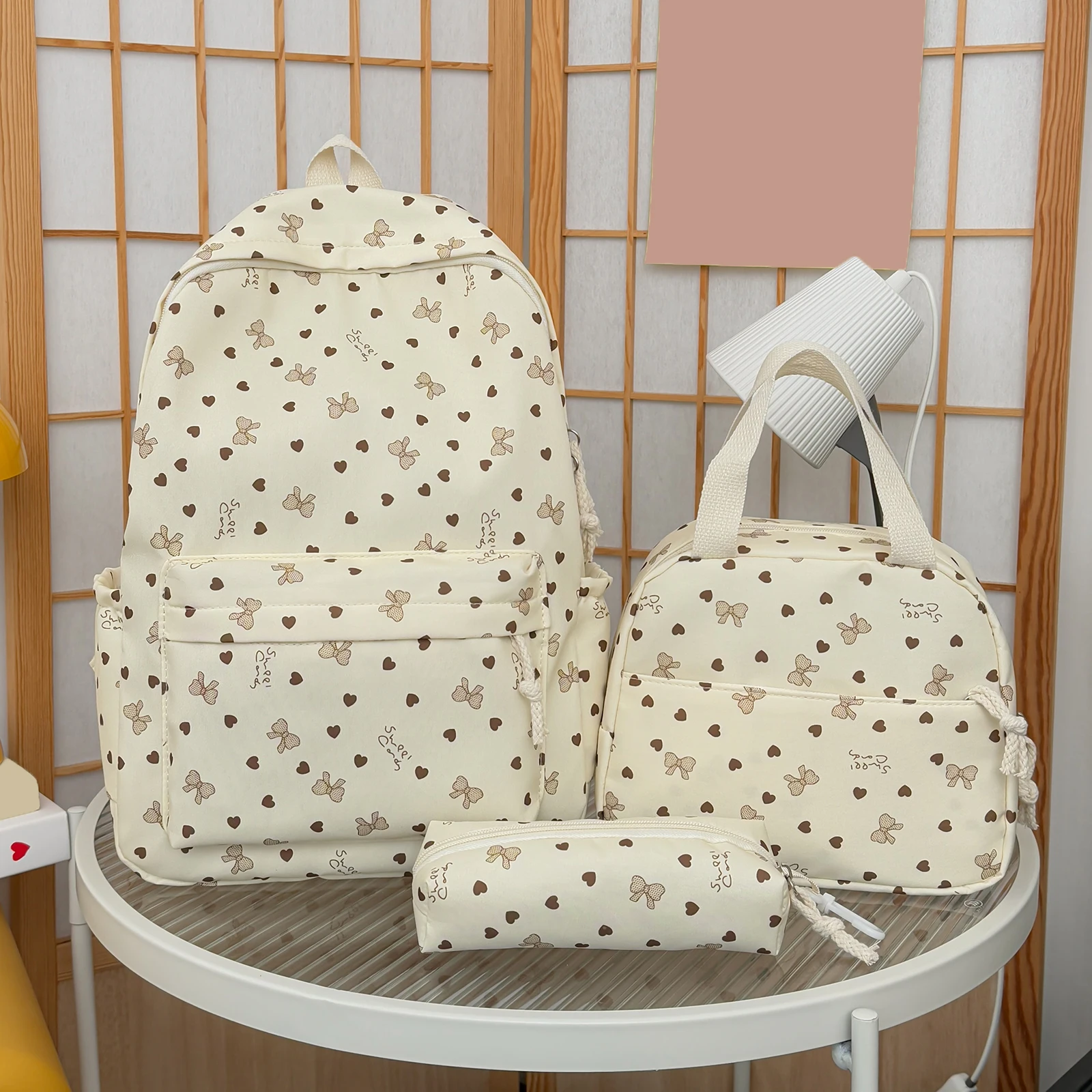 Coquette Bow Love Print Aesthetic Preppy Backpack with Lunch Box and Pencil Pouch Travel Rucksack Bag 3Pcs Set for Women