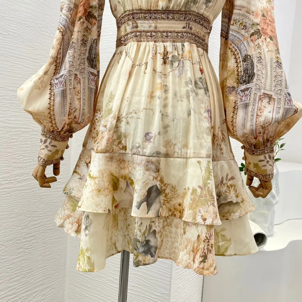 High Quality Beige Floral Print Long Sleeve Lace Deep V Neck Ruched Diamonds Stretchable Waist At Back Mini Dress 2024 Women