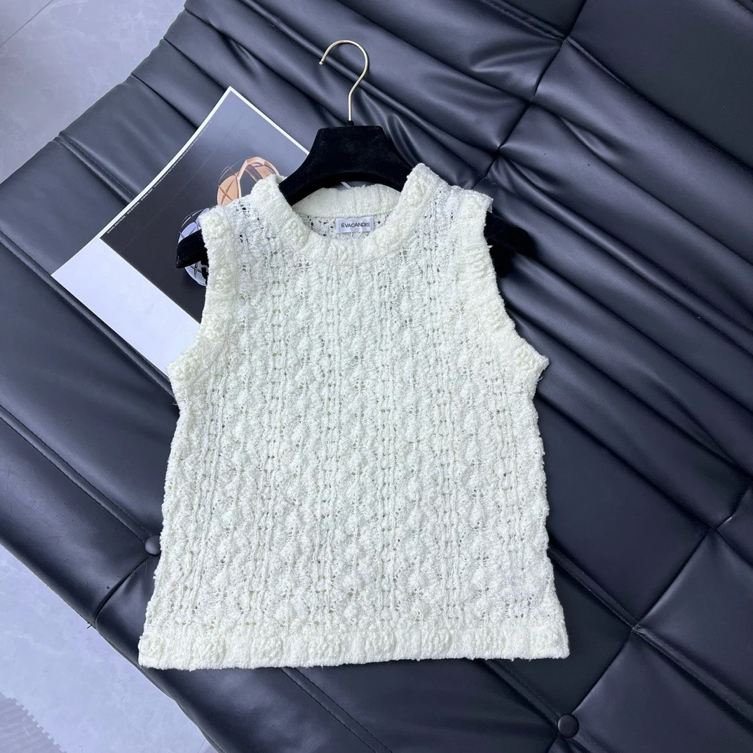 

EVACANDIS Women New Hollow Out Knitted Vest Wool Blend O-Neck Elegant Solid Embroidery Hem Sleeveless High Quality Solid Tops