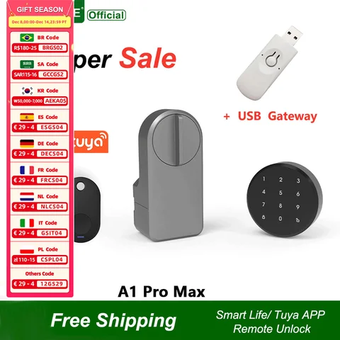 RAYKUBE A1 Pro Tuya BEL Smart Door Lock Set with Fobs/ Keypad/ Smart Key Tuya Remote Unlock Work with Alexa Google Assistant