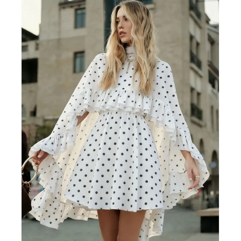 

Women's Fashion Strap Mini Dress+Ruffles Shawl Two Piece Set Spring/Summer New Elegant Polka Dot Chiffon Dresses Set For Women