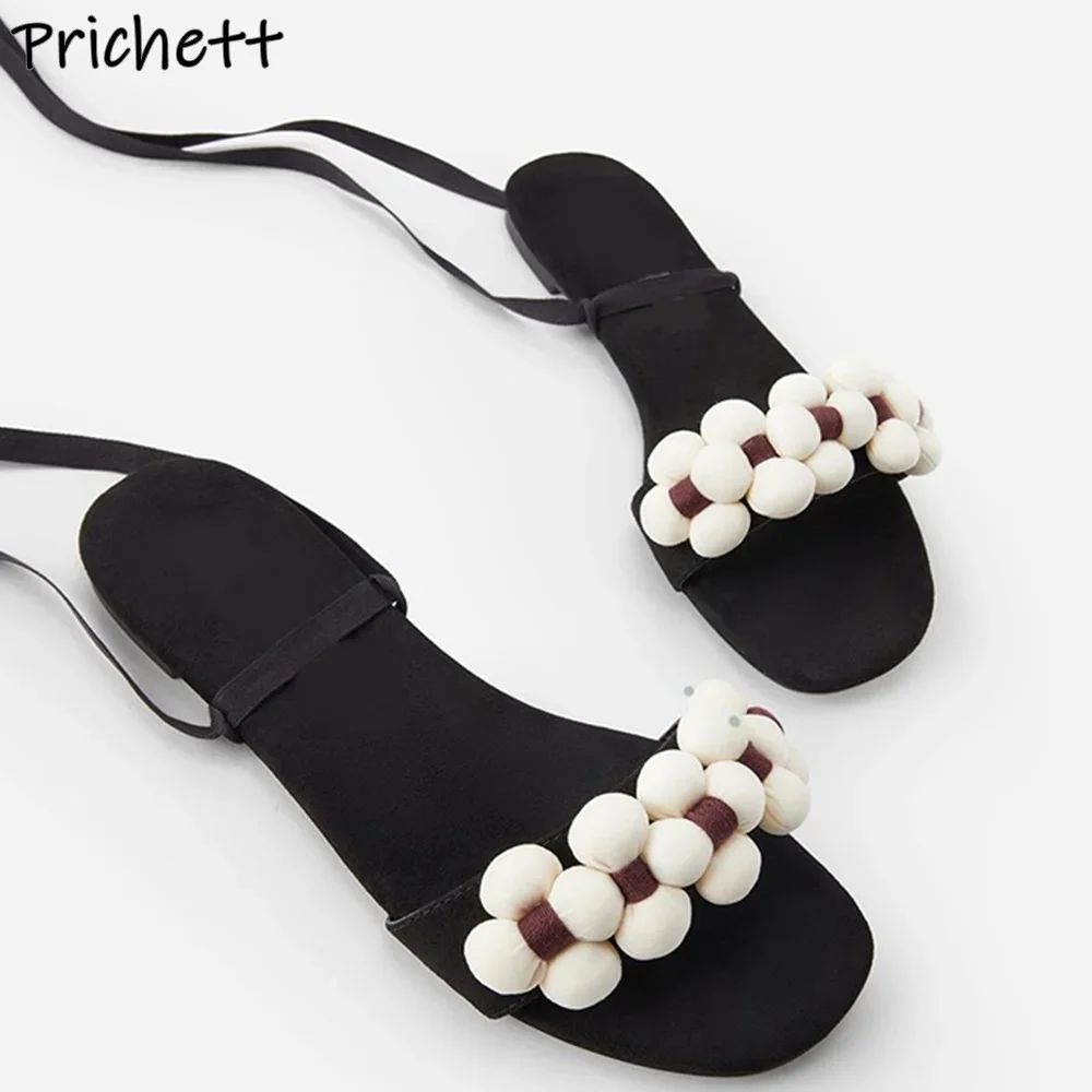 

Beige Flower Patchwork Sandals Ankle Band Straight Strap Roman Style Flat with Weave Shoes All Match Sweet Style Summer Shoes