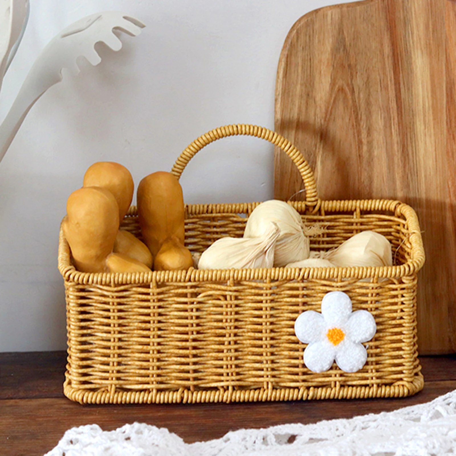 Multipurpose Imitation Rattan Wall Mount Basket with Hanging Handle Decor Hand Woven for Toys Snacks Vegetable Ginger Garlic