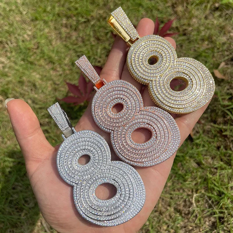 

Hip Hop Micro Paved 3A+ Cubic Zirconia Bling Iced Out Big Number 8 Pendants Necklaces for Men Rapper Jewelry Rose Silver Color