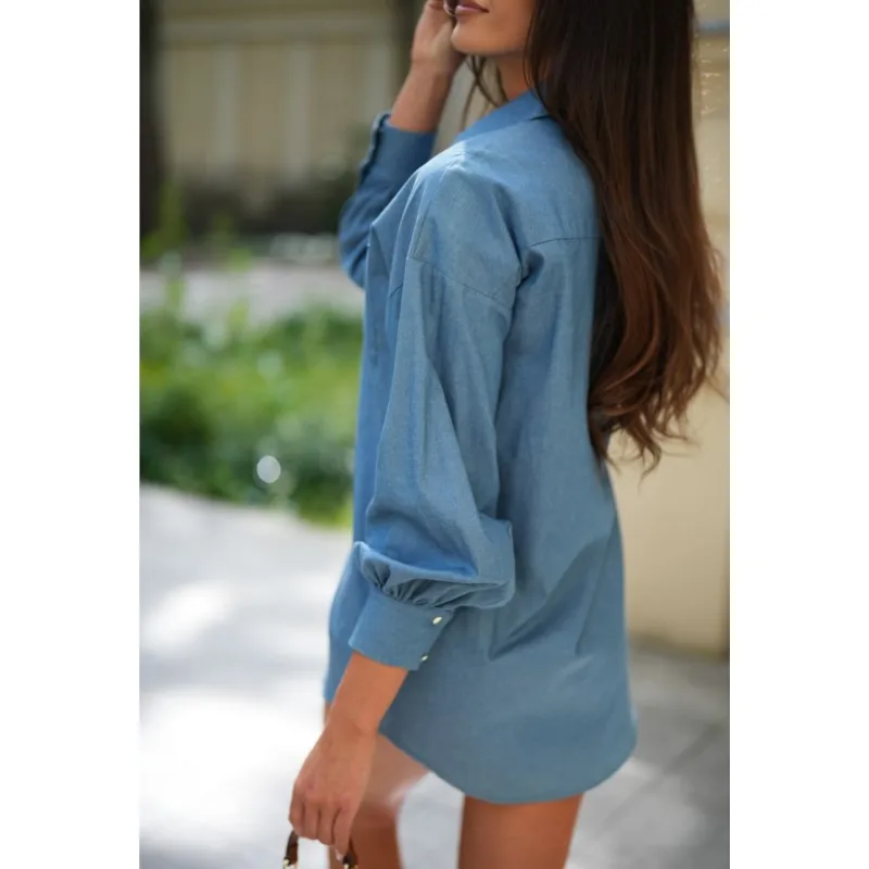 Blue Long Sleeved Shirt Fashionable Women\'s Clothing Autumn Solid Color Loose Collar Washed Denim Long Sleeved Shirt Ladies 2024