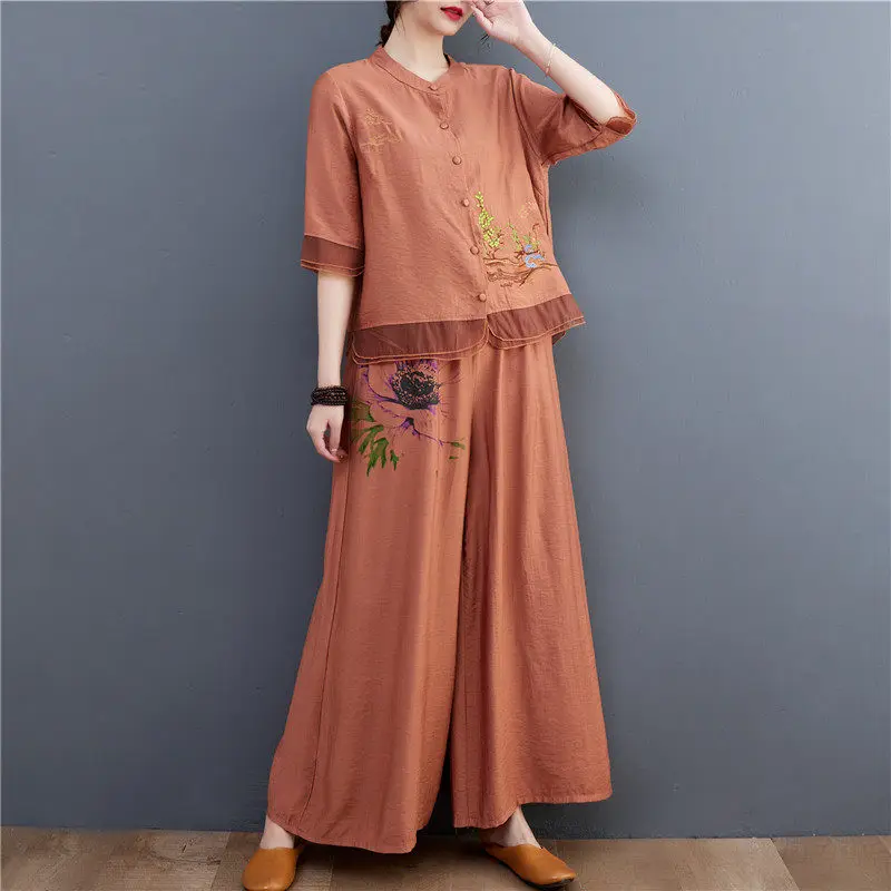 2023 Ramie Top Ethnische Retro Sommer frauen Tragen Baumwolle Und Leinen Kleidung Strickjacke Chinesischen Stil Zwei-Stück Outfits hosen Set Z449