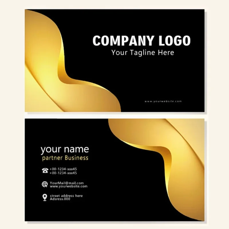 

Custom Dual-Sided Business Card - Personalized Photo & Text, Elegant Golden Design with Black Background business card.