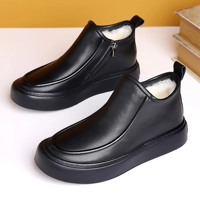 

British Style Cowhide Casual Chelsea Snow Boots Men's Shoes Winter Warm Wool Thick Sole Platform Outdoor Work Ankle Boots Male