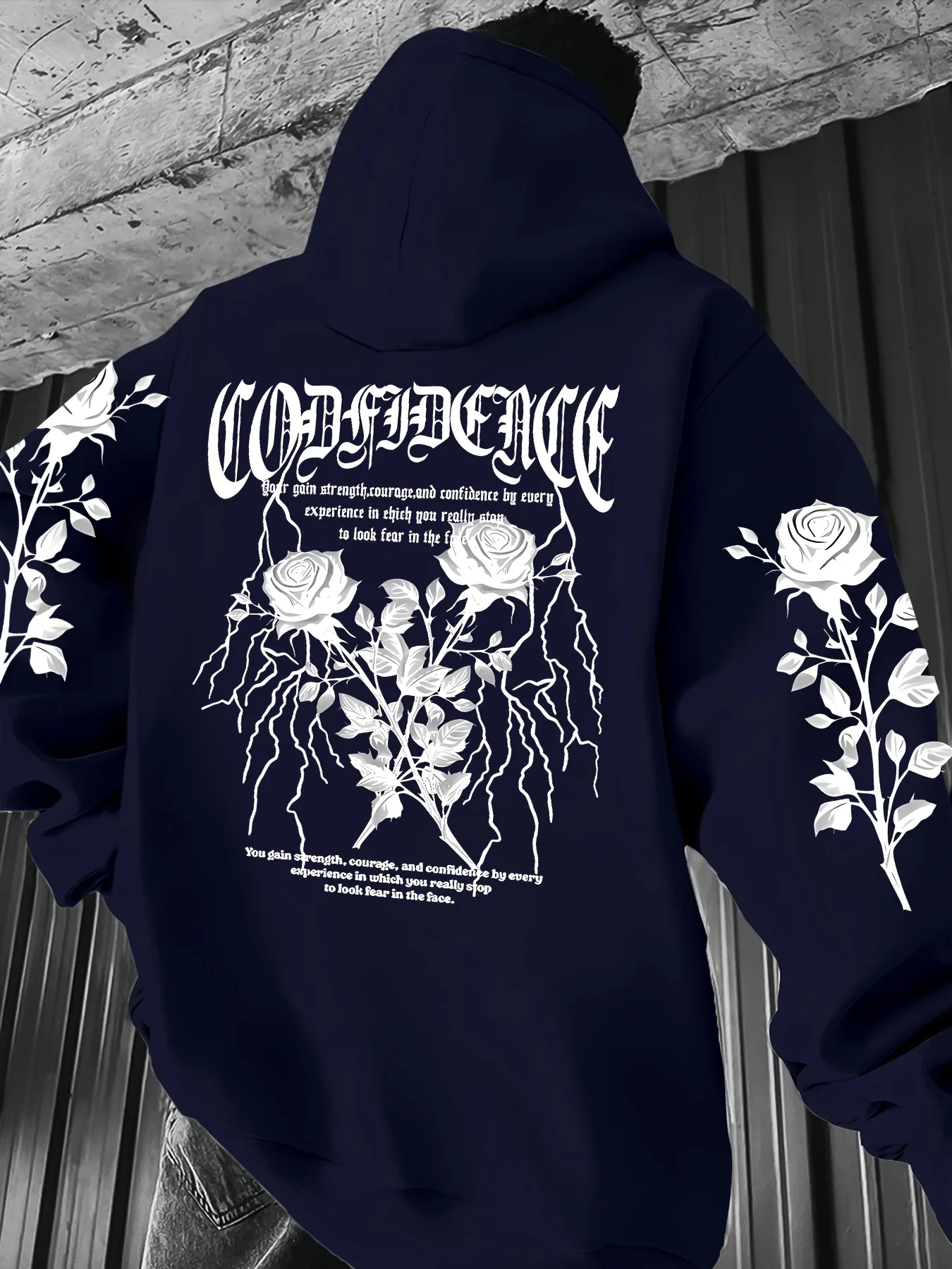 Herren Gothic Hoodie Weiß Rose Blitz Selbstvertrauen Slogan Grafikdruck Locker Sitzend Vintage Streetwear Pullover Sweatshirt Herbst – Detail 4