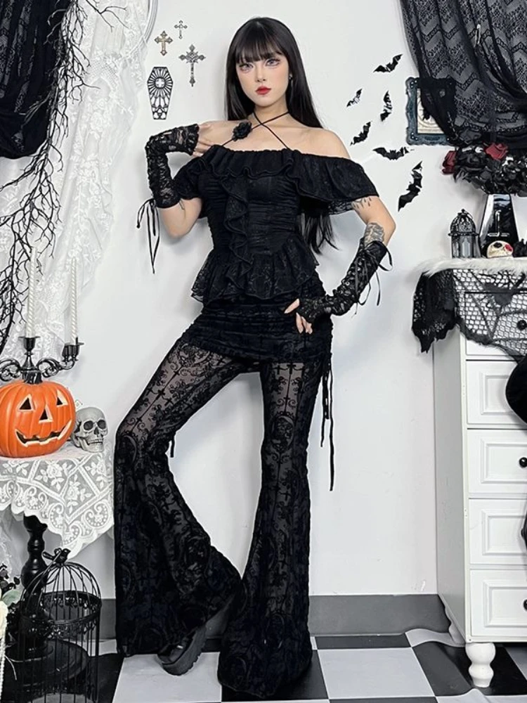 

Субкультура, готические темные флокированные эстетические брюки, женские уличные брюки в стиле гранж, прозрачные брюки на шнуровке, брюки-клеш с высокой талией в стиле Харадзюку