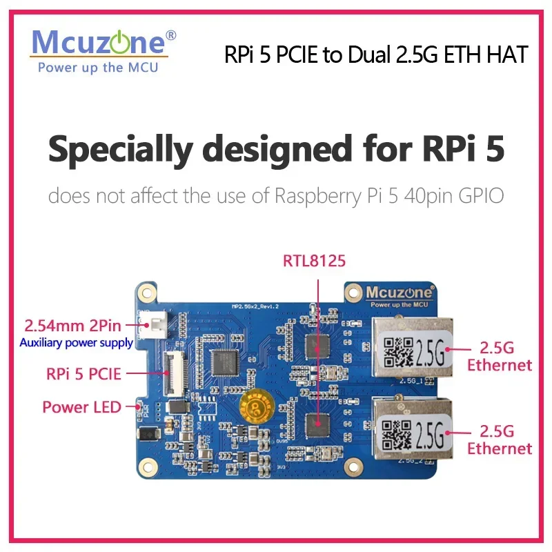 model:MP2.5GD, Rasbperry Pi5  PCIE to Dual 2.5G Ethernet HAT,RTL8125,support RPi OS,openwrt and Ubuntu