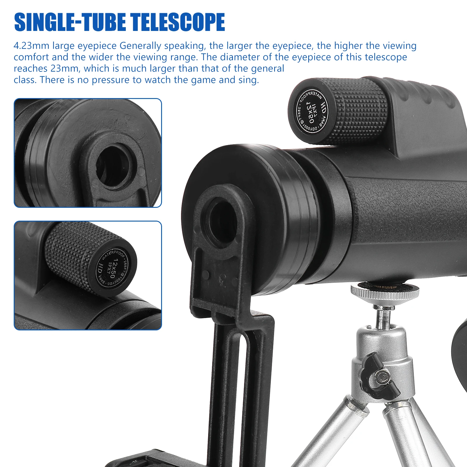 

12x50 Single Tube Telescope Bird Watching Tripod Phone Holder Magnification Portable for Concert Sports Wildlife