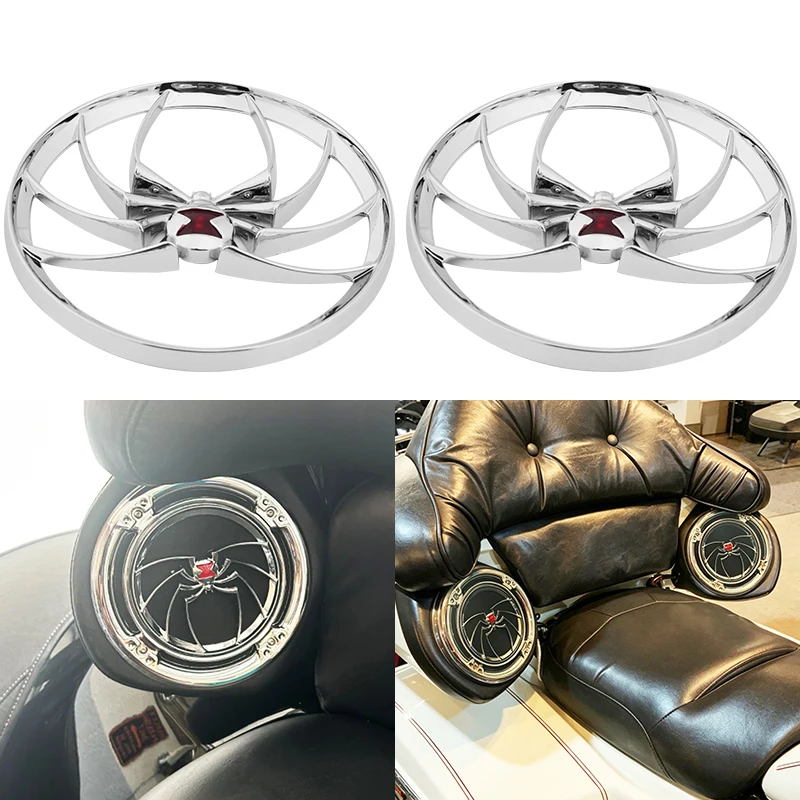 Motorcycle Chrome Spider Rear Speaker Grille Trim Covers 2Pcs for Harley Touring Electra Street Glide Trikes 1996-2013