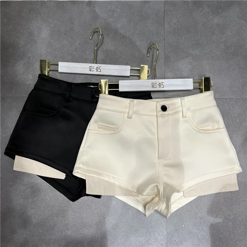 Short à jambes larges en satin pour femmes, costume décontracté, pantalon slim, conception de poche aux hanches, objectifs de printemps, qualité supérieure, 2024