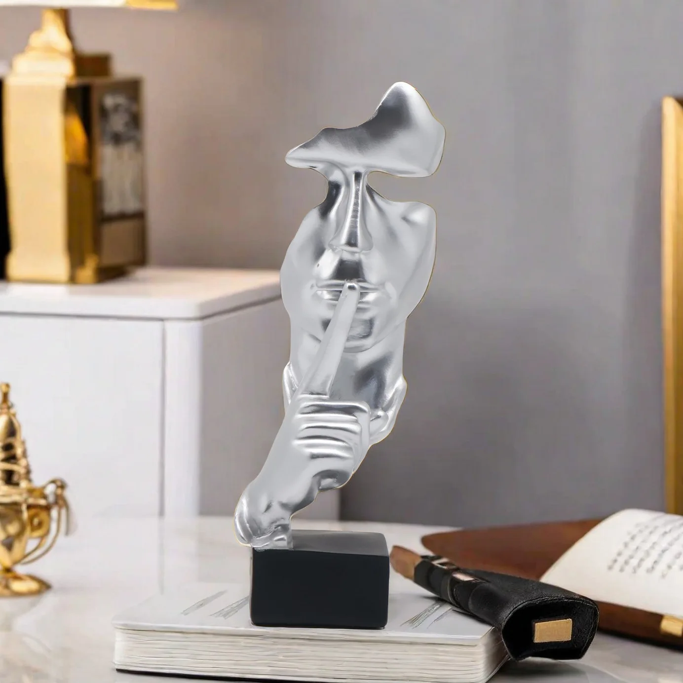 Thinker Statue Silence Is Gold Resin Craft Creative Figurines Decorative Sculpture for Office Study Room Abstract Face Ornaments