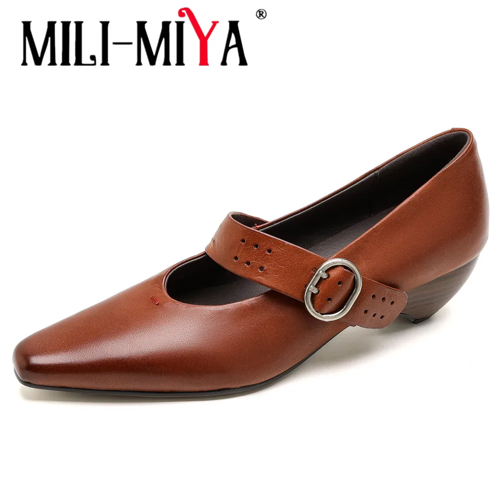 

MILI-MIYA Women’s Pointed-Toe Vintage-Style Casual Genuine Leather Pumps With a Comfortable Chunky Heel Strappy Design