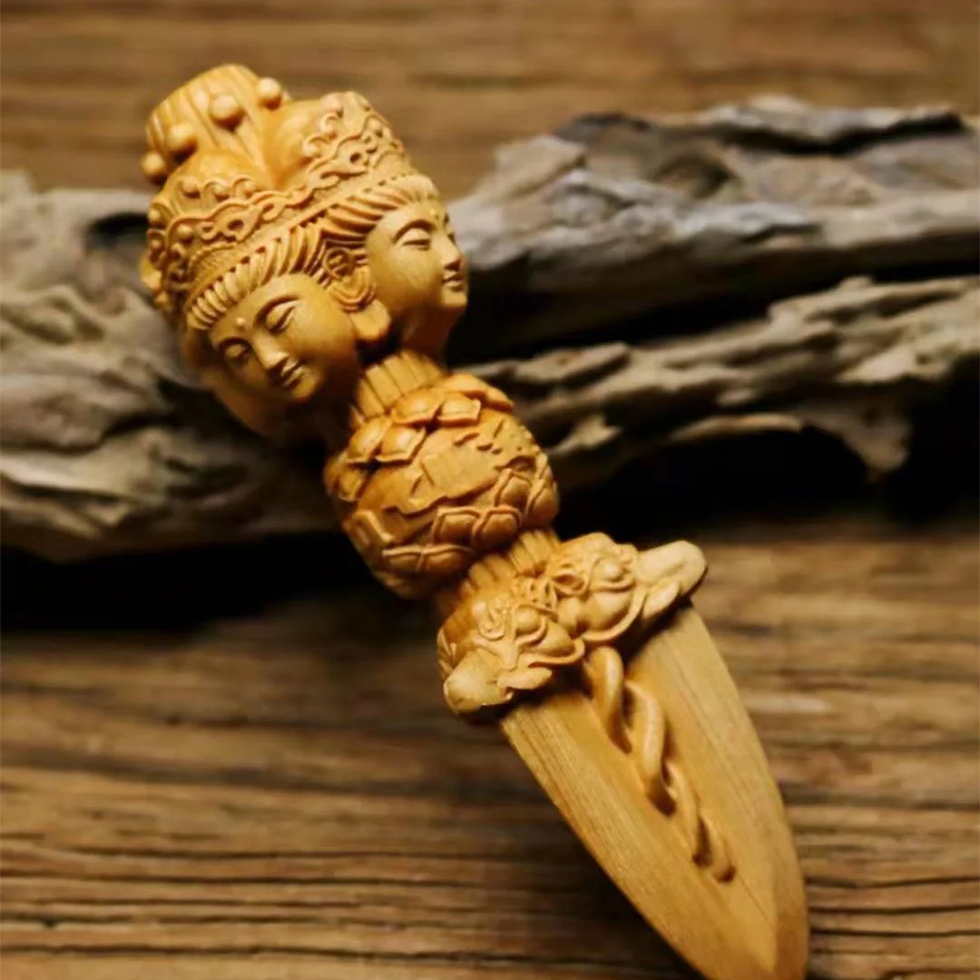Cypress Wood Carved Vajra Pestle Pendant Wenwan Hand Play Solid Wood Craft Portable Decor Gift For Men Collectible Ornament