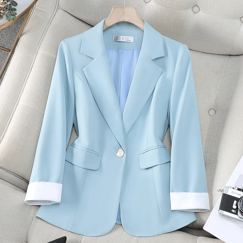 ZJYT Korean Fashion Autumn Women's Casual Blazers Jacket One Button Turn Down Collar Coats Plus Size Outerwears Femme Veste Blue