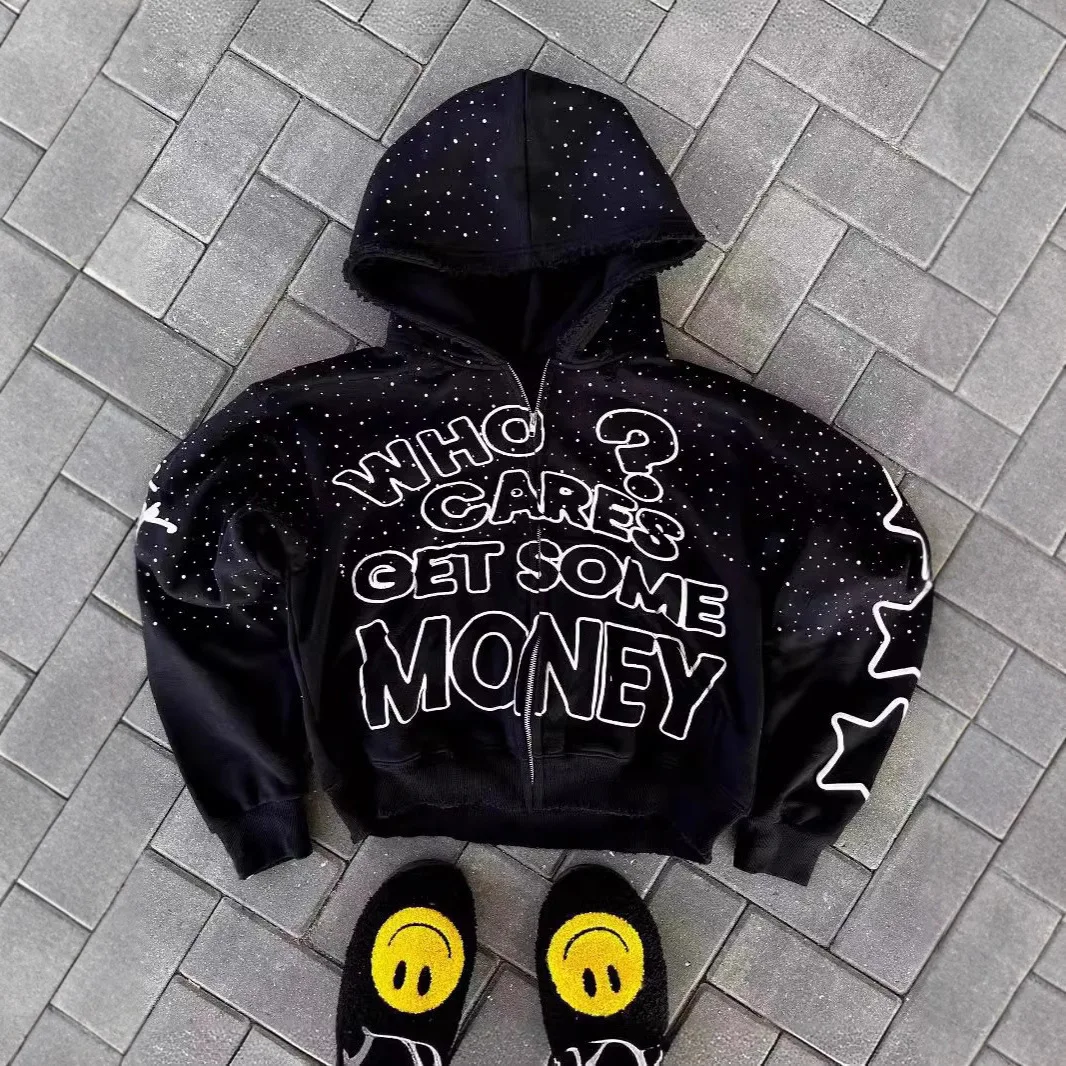 Y2K moda patrón de letras americanas suelta casual con capucha cremallera retro sudadera chaqueta de moda