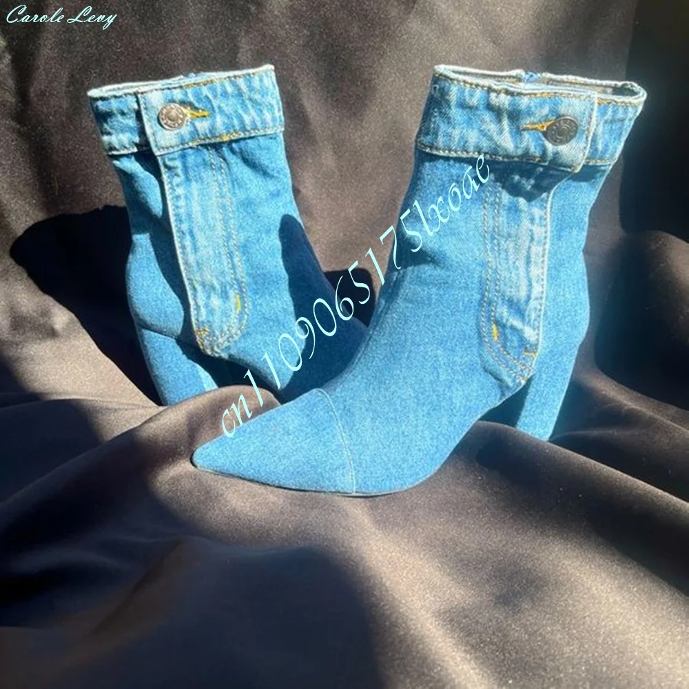 Fashion Women Blue Denim Ankle Booties Pointy Toe Chunky Block Heel Folded Cuff With Button Design Vintage Y2K Daily Party Shoes