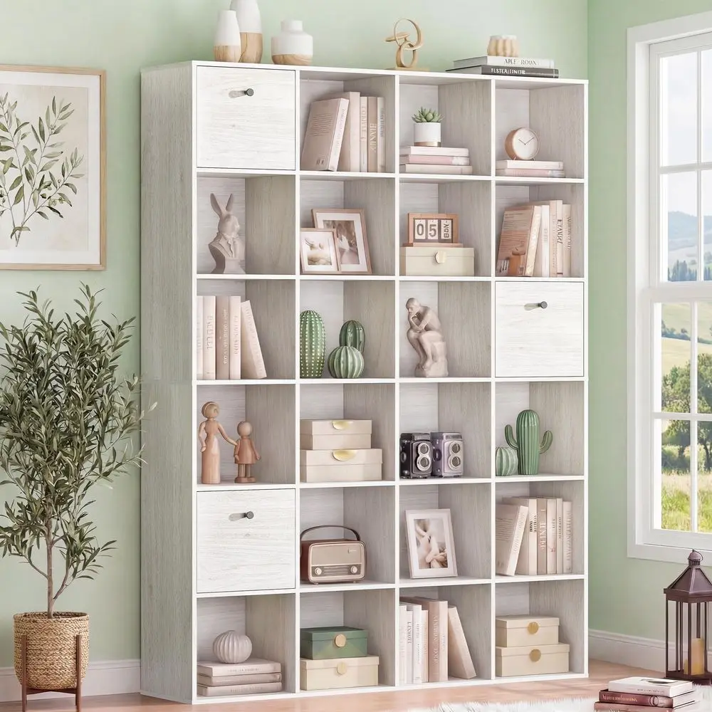 

24 Cube Storage Bookshelf, Washed White Wood Bookcase with 3 Fabric Drawers, 47 Wide Freestanding Cuby Organizer Shelf for Livi