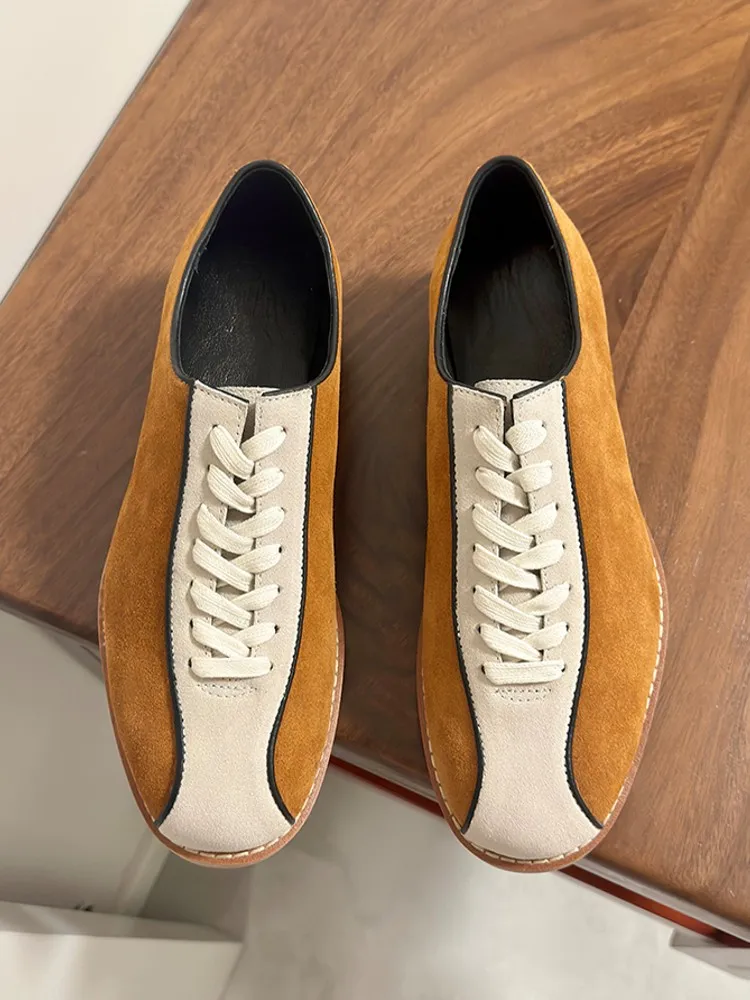 Summer Mens Casual Cow Suede Leather Shoes Mixed Colors Spliced Round Toe Breathable Sneakers Lace Up Fashion Male Flat Footwear