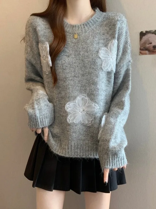 

Gray 3D Flower Knitted Base Shirt Women's Spring Autumn Short Sleeve Knitwear Slimming Short Style Inner Wear Top for plus Size