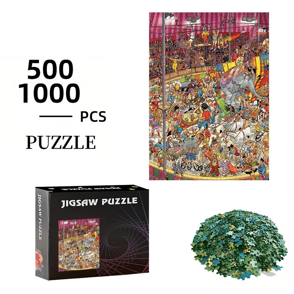 500pcs or 1000pcs Circus & Elephant Jigsaw Puzzle - Large Number of Pieces (500/1000) for s &, Challenging Brain Teaser Game,