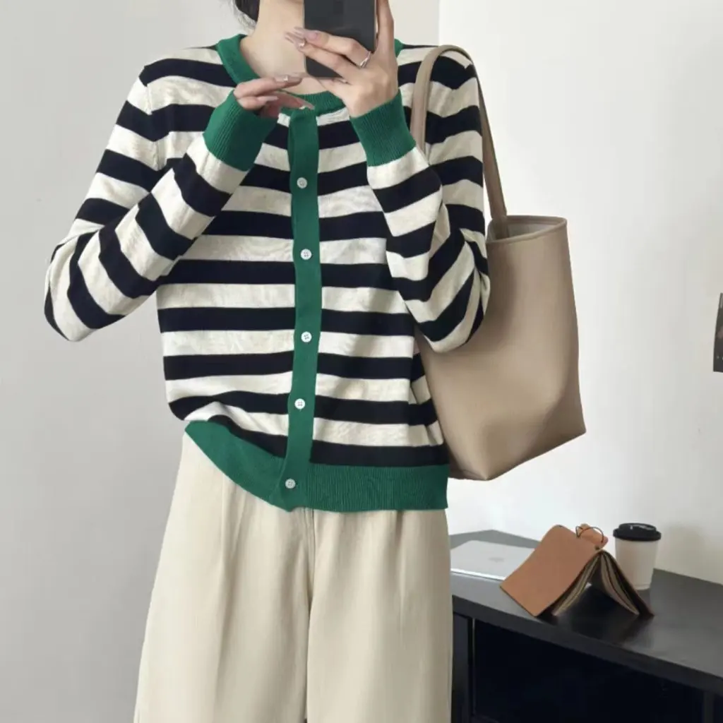 

Women's French Style Retro Red Striped Knitted Cardigan Inspired New Year round Neck Sweater Coat for Autumn Winter