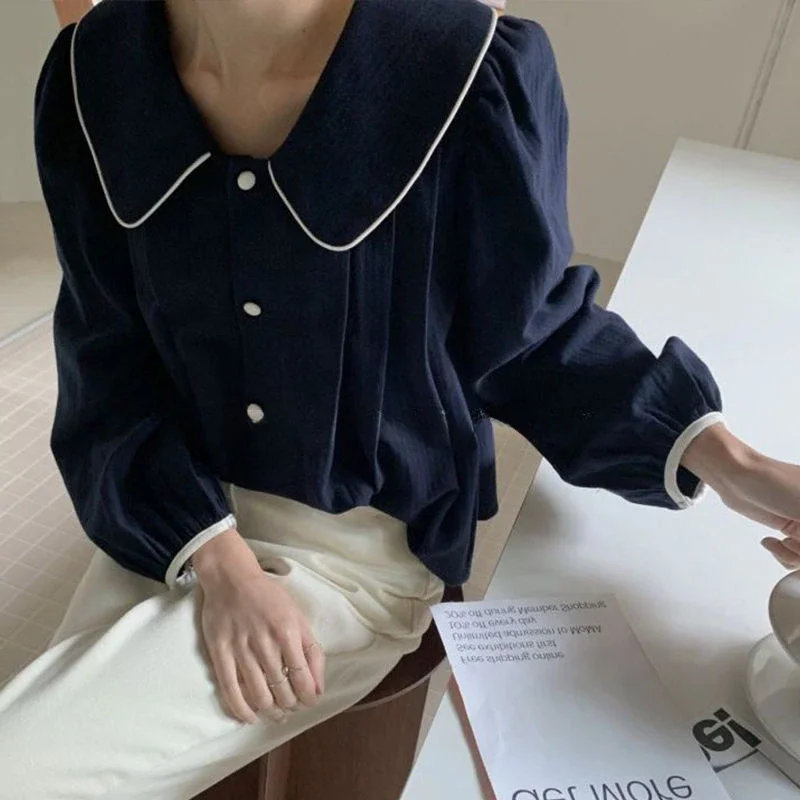 Large Size Doll Neck Bubble Sleeve Shirt 2025 New Spring Autumn Winter Wear Palace Chemise Temperament Long Sleeved Top Women