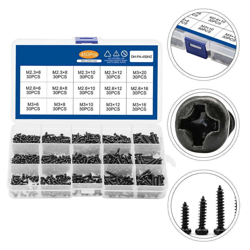 

450Pcs Self Tapping Cross Round Head Screws Durable Carbon Steel Fixing Screws Kit for Wood Thin Iron Practical Repairing
