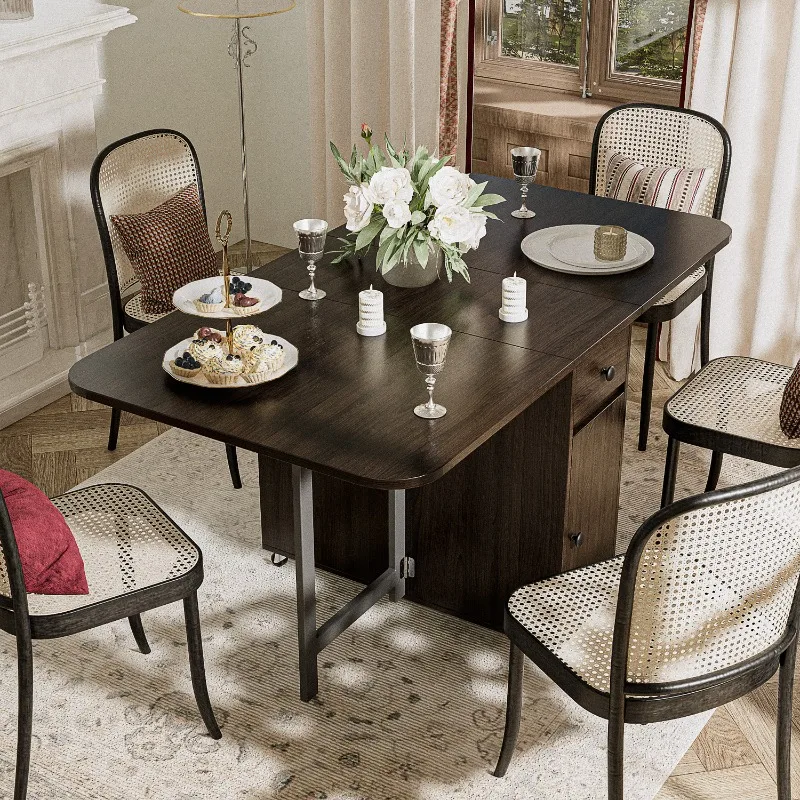 Mesa de jantar dobrável, mesa de cozinha extensível dobrável de madeira retangular com folhas caídas (noce)