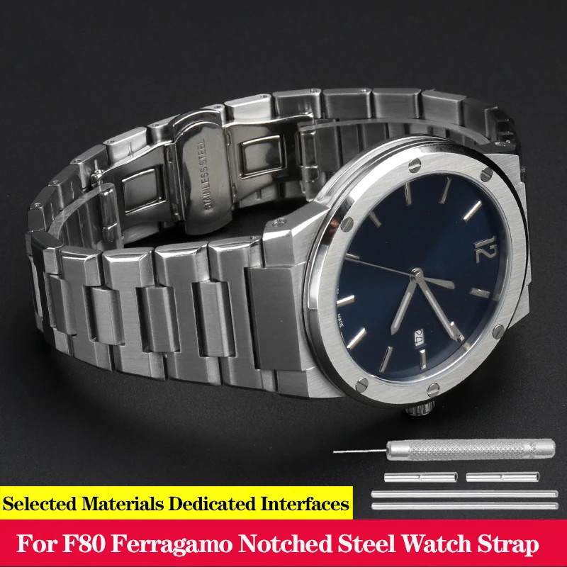 For Ferragamo Men\'s Notched Watch Strap Sports Series Three Eyes F80 F-80 Solid Precision Stainless Steel Watch Strap 26mm