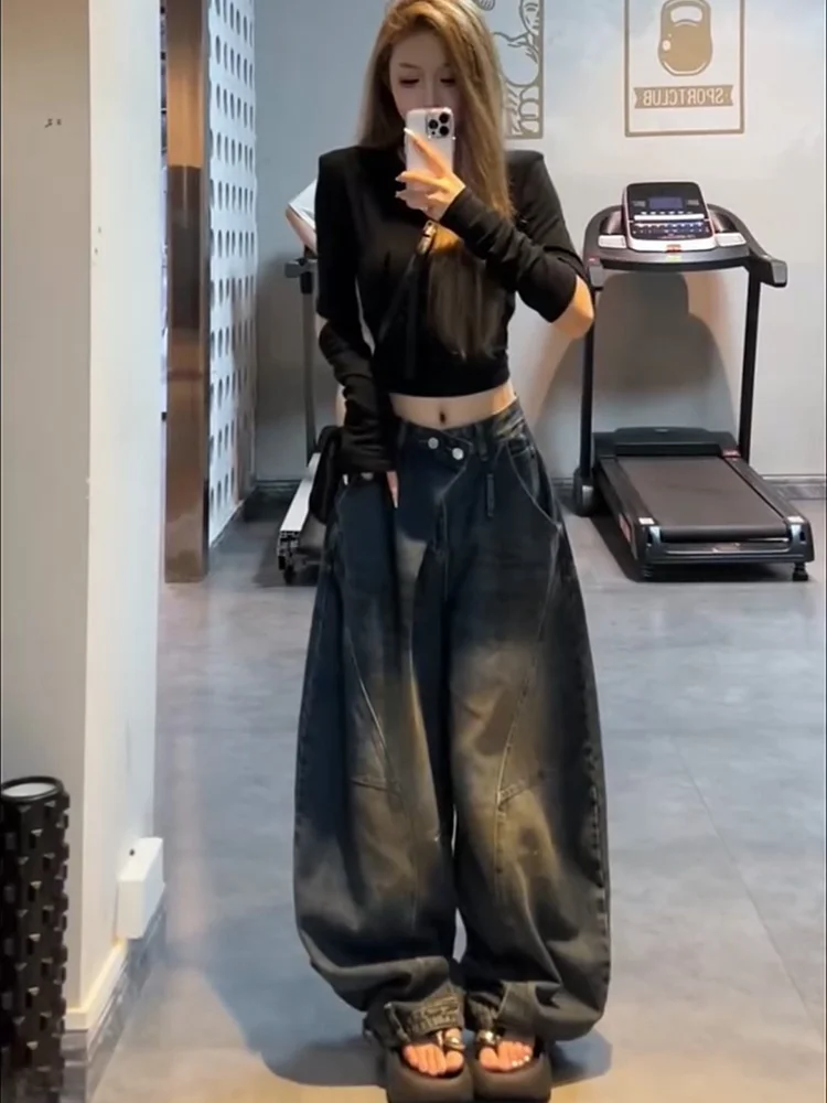 

Американские ретро-джинсы с высокой талией и широкими штанинами, женские свободные брюки, длинные штаны, модный дизайн, осенняя новинка