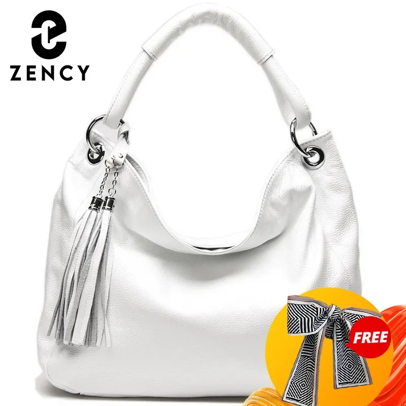 Zency White Large Bag 100% Soft Genuine Leather Women\'s Elegant Handbag Shoulder Bags Purse Classic Black Bag