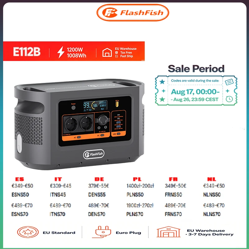 FlashFish E112B Portable Energy Storage 1200W 1008Wh Lithium Battery 9-in-1 Power Station Great Option for Camping Power Bank
