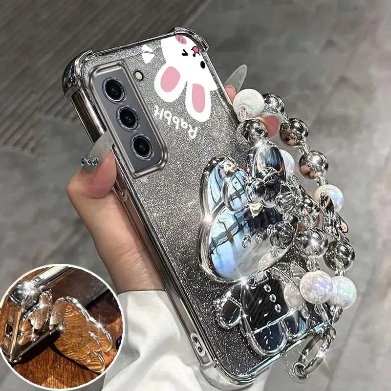 S 22 Airbag Glitter Mirror Rabbit Phone Holder Case On For Samsung Galaxy S22 S21 S20 Ultra Plus FE Anti-knock Stand Back Cover