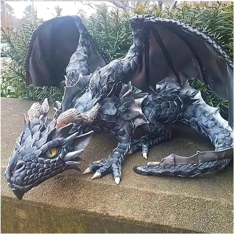 A76I-Garden Big Squatting Dragon Sculpture Guardian Statue Garden Dragon Sculpture Halloween Outdoor Gothic Decor