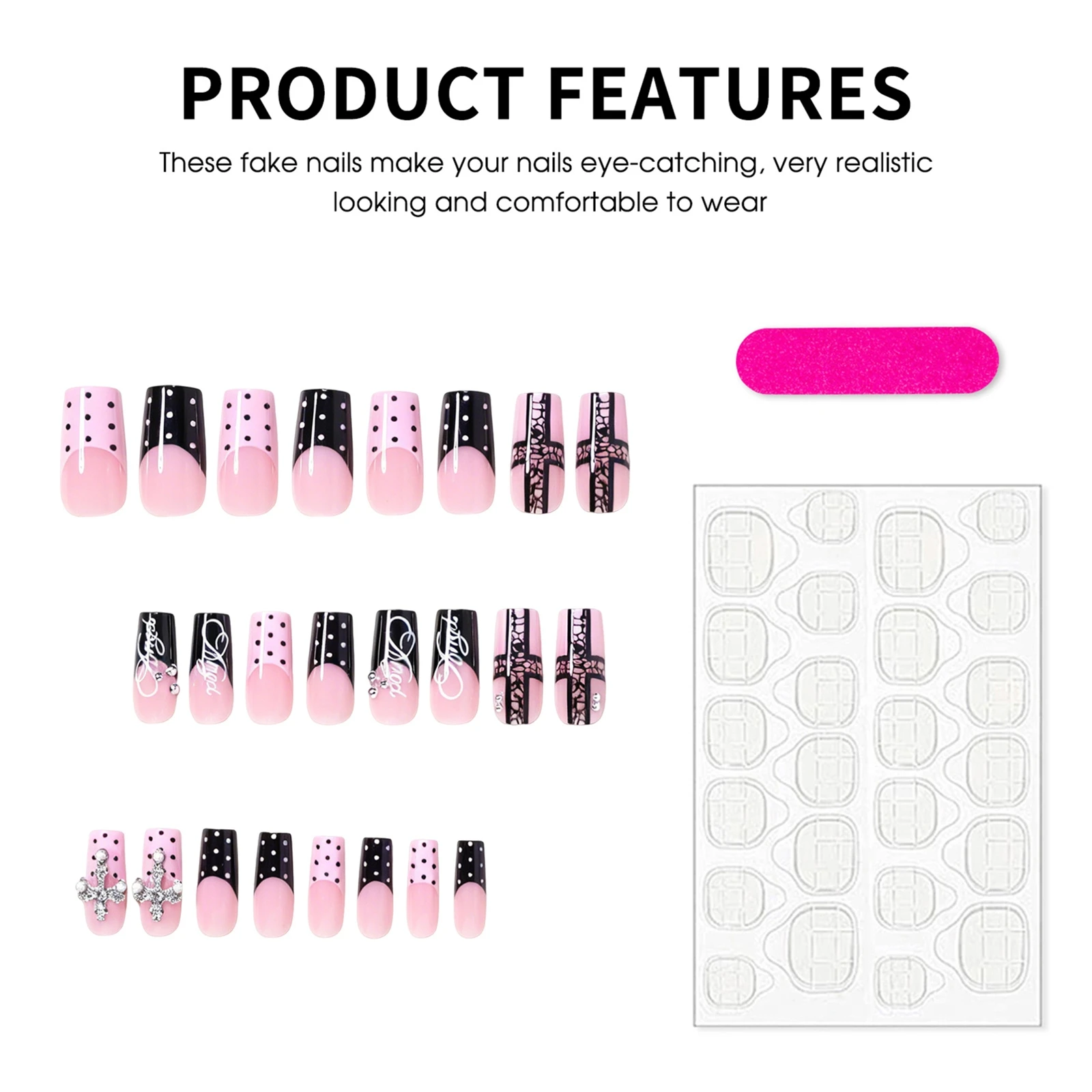 24 Stück Süße Coole Press-On Nägel mit Perlen, Strass, Kreuz- und Spitzenmuster, Polka-Dot-Muster, Falsche Nägel in Rosa und Schwarz, Französischer Stil, Künstliche Nagelspitzen – Detail 4