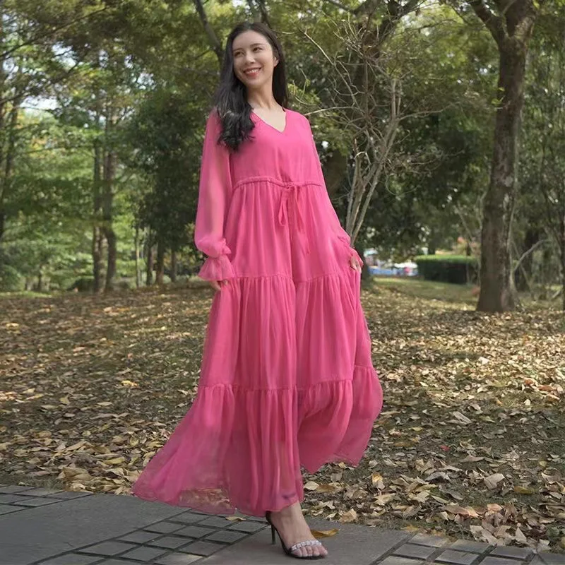 2026 Spring/Summer Elegant Women Chiffon Long Dress Long Sleeve Seaside Vacation Beach Dress Solid Color Elegant Ladies Vestidos