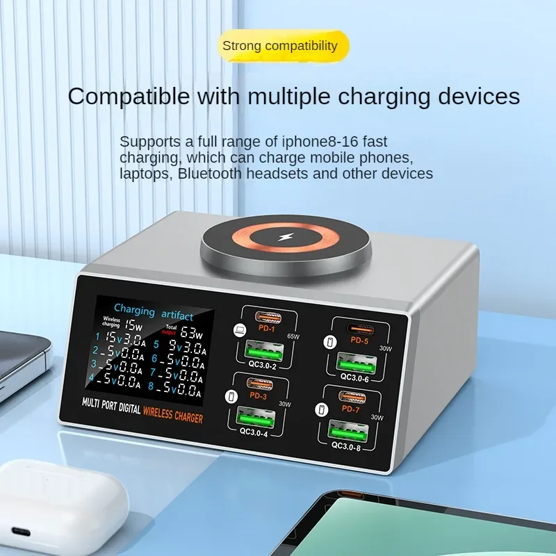 Wieloportowa ładowarka 140 W z cyfrowym wyświetlaczem PD+QC Magnetyczne ładowanie bezprzewodowe do telefonów i laptopów