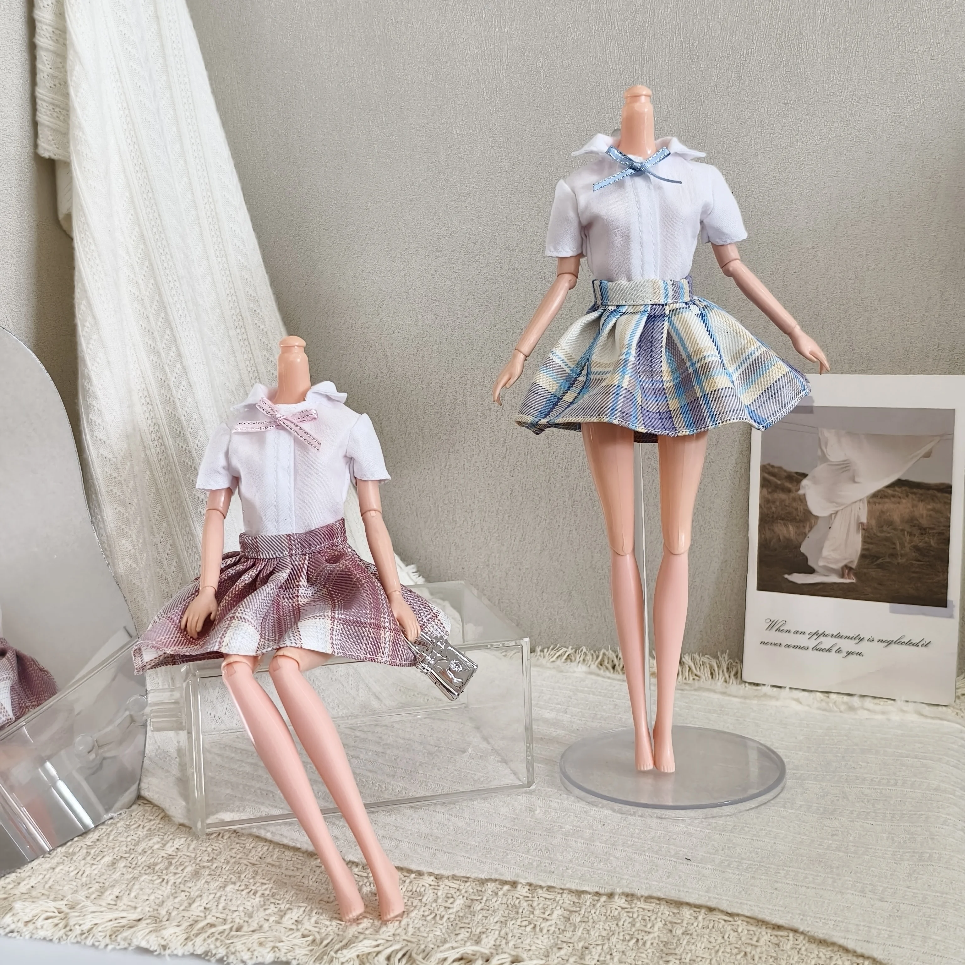 

JK College Style White Shirt + Plaid Pleated Skirt School Set For 1/6 FR Babi Supermodel Doll Daily Dress Up Clothes Accessories