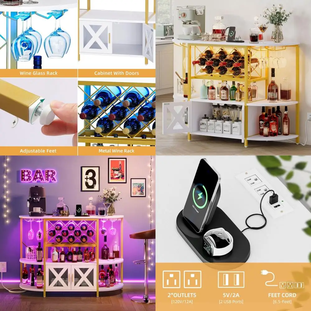 Illuminated Bar Cabinet with 4-Tier Storage, Outlets, Wine Rack, and Glass Holders in Gold