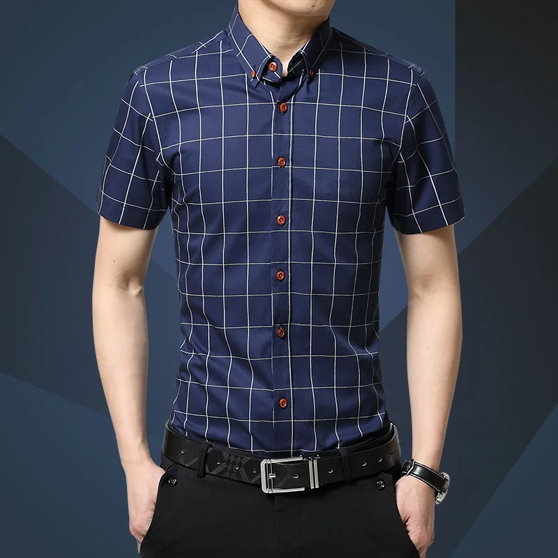 Plus Size 5XL 2026 Summer Fashion Men's Short Sleeve Cotton Polyester Social Shirts Plaid Checked Shirt for Men Brand Chothing