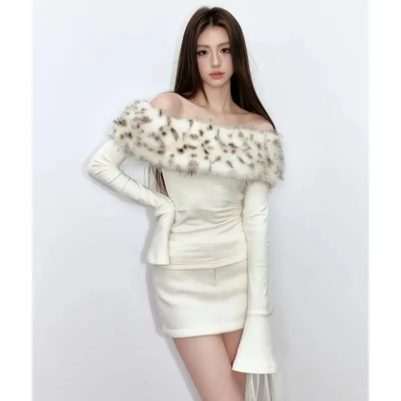 Vintage Casual Blouse Faux Fur Pure White Color Elegant Flare Sleeve Slim Short Classic Style Off-the-shoulder Hot Tops Autumn